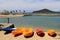 Beautiful scene with row of kayaks near water\'s edge,Golden Point Resort,Fiji,2015