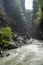 Beautiful scene of small flowing stream, rock cliff and fresh green trees in Aare gorge Aareschlucht