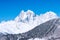 Beautiful sceneric view of Caucasus mountain. The way to mountain with pine forest covered with snow in winter season at Mestia