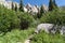 Beautiful scenery along a dirt hiking trail Iron Creek Trail leading to Sawtooth Lake in Idaho