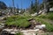 Beautiful scenery along a dirt hiking trail Iron Creek Trail leading to Sawtooth Lake in Idaho