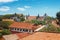 Beautiful scenery of ancient Dutch Galle Fort with Christian church and Buddhist stupa - view from fortification wall, southwest c