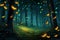 Beautiful scenery. Fireflies, night forest landscape. Tall trees, grass, yellow lights