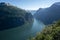 Beautiful scenery of Geiranger Fjord from the Ornesvingen viewpoint.