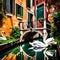 Beautiful scenery with loving swans in Venice Italy guarding a secret entrance