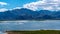 Beautiful scenery of Pangong Tso lake with  blue sky  white clouds in China side