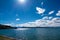 Beautiful scenery of Pangong Tso lake with  blue sky  white clouds in China side