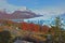 Beautiful scenery of Perito Moreno glacier and colorful autumn trees in the morning sunrise Argentina