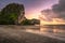 The beautiful scenery of the Rajamangala beach at sunset time with twilight sky at Trang province, Thailand