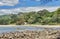 Beautiful scenery of rock formations and green plants at New Chums Beach in New Zealand