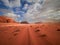 Beautiful Scenery Scenic Panoramic View Red Sand Desert and Ancient Sandstone Mountains Landscape in Wadi Rum, Jordan during a San