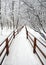 Beautiful scenery with a snow-covered path with wooden fence in the forest among the trees after a snowfall on a cloudy winter day