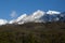 Beautiful scenic green summer landscape with snowy mountain peak tops on blue sky background