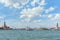 Beautiful scenic landscape from the Grand Canal with Church of San Giorgio Maggiore and Colonna di San Marco in Venice, Italy