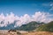 beautiful scenic mountain landscape and blue sky with clouds in Indian Himalayas,