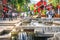 Beautiful scenic pedestrian street view of Dali old town with water fountain people and colorful ancient houses in Yunnan China