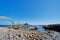 Beautiful scenic of Sanxiantai arch bridge with blue ocean with Three saint island in behind at Chenggong district