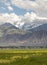 Beautiful scenic shot of a field with the Tian Shan mountains in the background in Kyrgyzstan