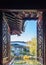 Beautiful scenic view can seen through the window in The Dunedin Chinese Garden in New Zealand.