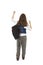 Beautiful schoolgirl with backpacks looking at wall, happy. Back view