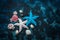 Beautiful sea composition. Seashells, starfish, copy space on a dark blue background.
