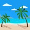 Beautiful sea landscape: blue ocean, sand coastline, palm trees, mountains, clouds