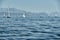 Beautiful sea landscape with sailboats, the race of sailboats on the horizon, a regatta, a Intense competition, bright