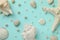 Beautiful sea shells, starfish, pearls and pebbles on light blue background, flat lay