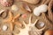 Beautiful sea star, shells and rope on sand, flat lay