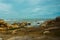 Beautiful sea with waves and mountains,huge stone.Aerial view.Mui Ne, Phan Thiet, Vietnam.