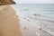 Beautiful seagulls and sea waves foam on sandy beach with seashells on tropical island. Waves and birds in ocean bay or lagoon.