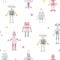 Beautiful seamless baby girl pattern with cute hand drawn watercolor robots. Stock illustration.