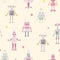 Beautiful seamless baby girl pattern with cute hand drawn watercolor robots. Stock illustration.