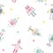 Beautiful seamless baby girl pattern with cute hand drawn watercolor robots. Stock illustration. Autotraced vector.