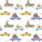 Beautiful seamless baby pattern with cute hand drawn watercolor animal drivers in cars. Stock illustration.