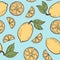 Beautiful seamless doodle pattern with vintage yellow colour cute lemons sketch. Hand drawn trendy background. design background g