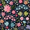 Beautiful seamless floral ornament on a complex dark background. Tiny and larger flowers and leaves form a joyful pattern