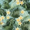 Beautiful seamless floral pattern background with exotic bright palm leaves and plumeria flowers.