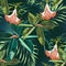 Beautiful seamless floral pattern background with exotic dark and bright ficus elastica, palm leaves and lilies flowers