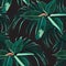 Beautiful seamless floral pattern background with tropical bright ficus elastica and palm leaves.