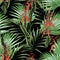 Beautiful seamless floral pattern background with tropical bright palm leaves and exotic orange flowers.