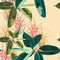 Beautiful seamless floral pattern background with tropical dark and bright ficus elastica, palm leaves and protea flowers