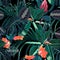 Beautiful seamless floral pattern background with tropical dark jungle plants and flowers.