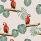 Beautiful seamless floral summer pattern background with parrot, palm leaves.