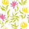 Beautiful seamless flowery pattern, white background and green and yellow leaves