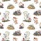 Beautiful seamless forest pattern with cute watercolor hand drawn wild animals snake mouse frog and berries mushrooms