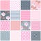 Beautiful seamless patchwork pattern with pink roses and geometric ornamental patches. Square elements in shabby chic style.