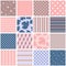 Beautiful seamless patchwork in pink, blue and brown colors. Square patterns with leaves, stars, polka dot, zigzag and rhombus