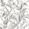 Beautiful seamless pattern with coffea or coffee tree branches, leaves, blooming flowers and fruits on white background