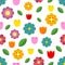 Beautiful seamless pattern of colorful flowers - tulips, chamomile, daisy and leaves.